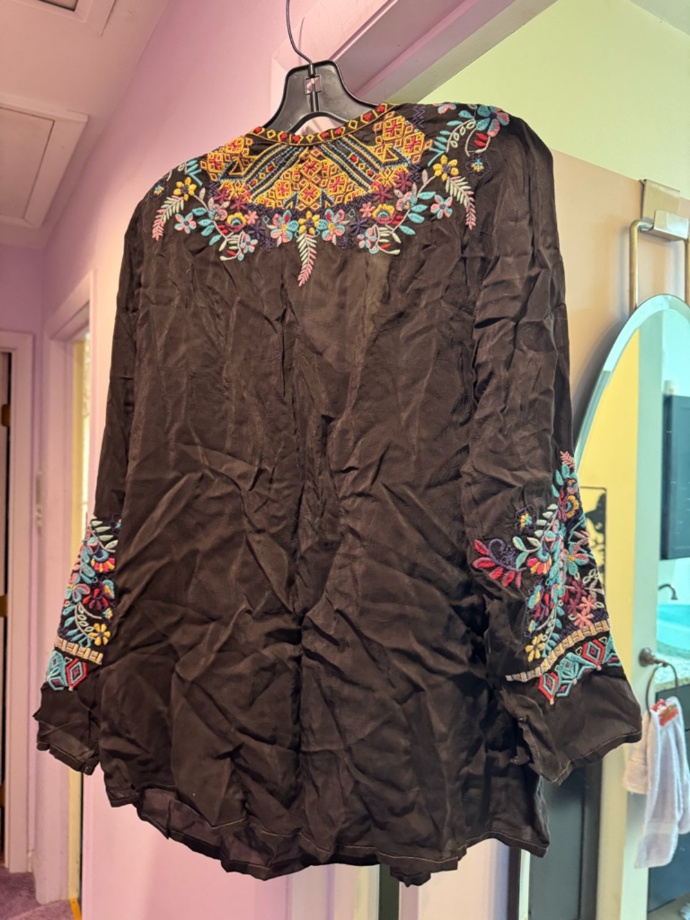 Johnny Was Size L Black Embroidered V-Neck Tunic with Multi-Color Floral Detail - Picture 7 of 9